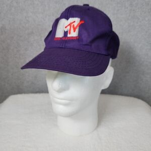 Vintage 1990 MTV Hat Purple Baseball Cap Leather Strap Buckle Clip Back Euc